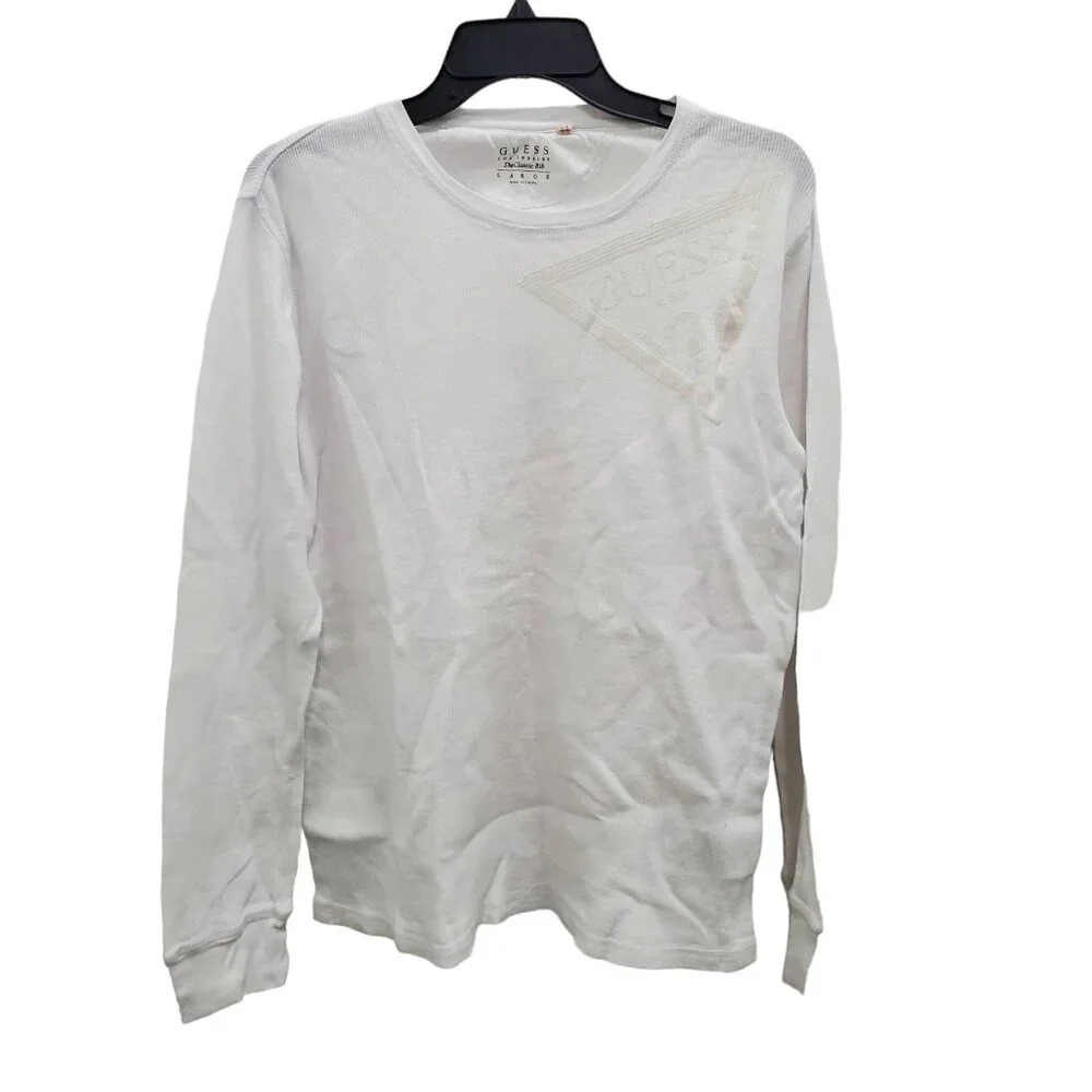 Guess The Classic Rib Men's White Graphic Logo Waffle Knit‎ Long Sleeve Shirt L
